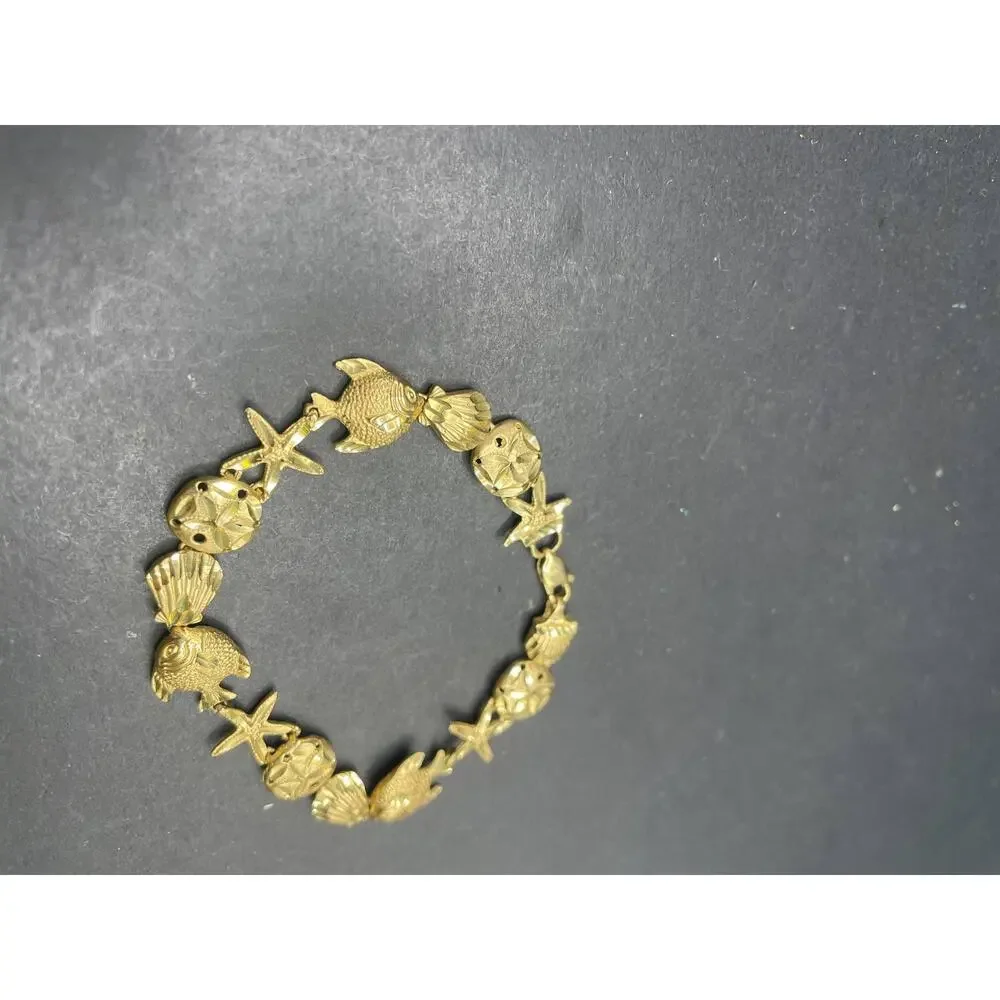 14K Yellow Gold Nautical Sea Life Link Bracelet Starfish Shell Fish 12.06 Grams